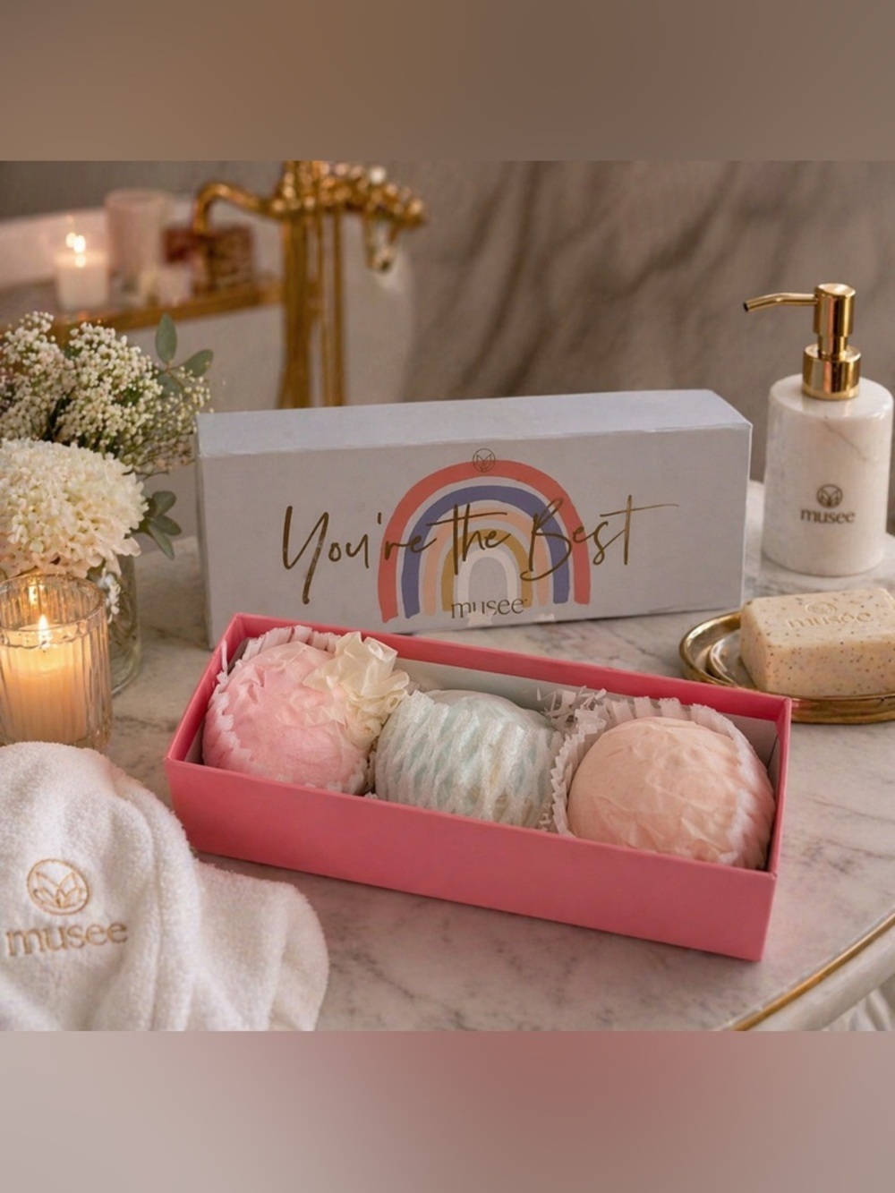 Musee Bath Balm Gift Set | “You’re The Best” Rainbow Box | Set of 3 Bath Bombs